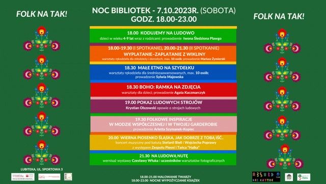 Plakat Noc Bibliotek 2023 w Miejsko-Powiatowej Bibliotece Publicznej w Lublińcu